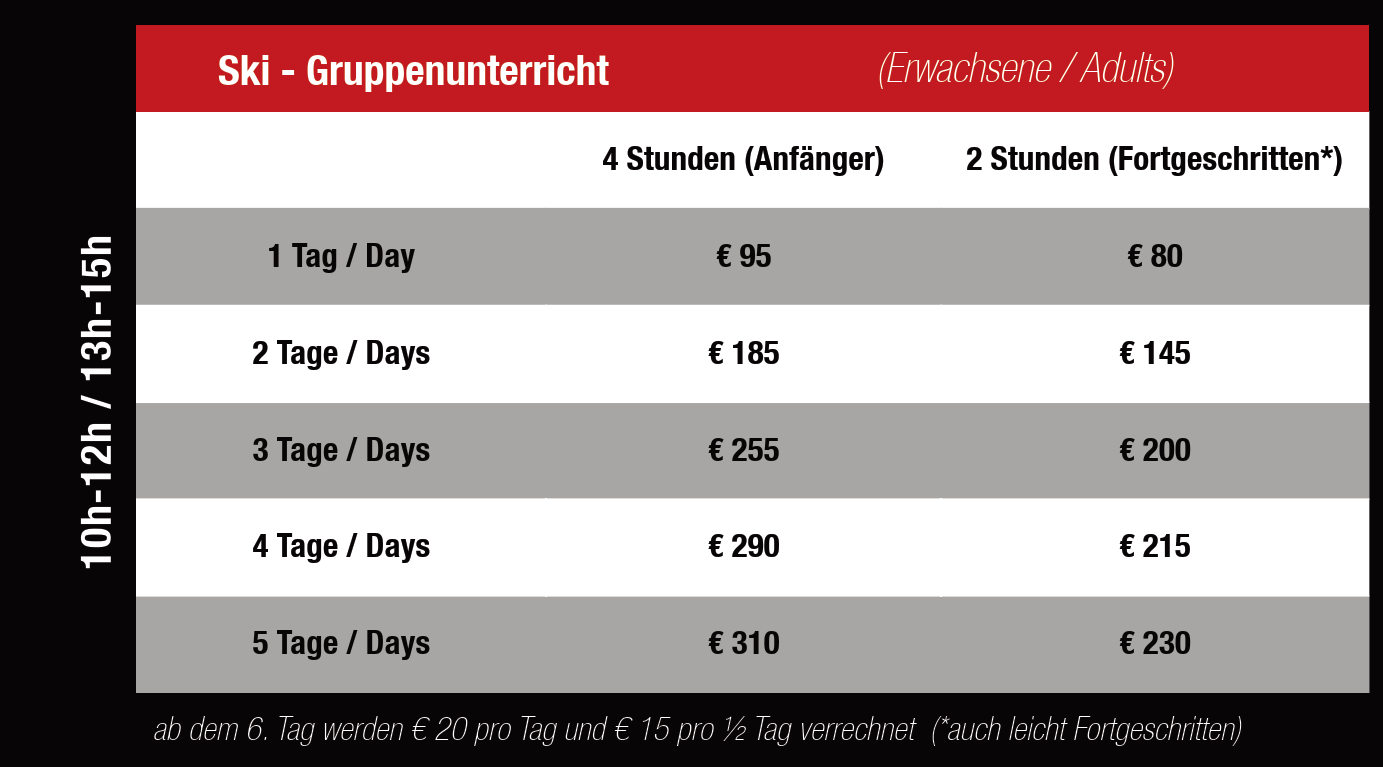 Preisliste Skischule Stubai Erwachsene