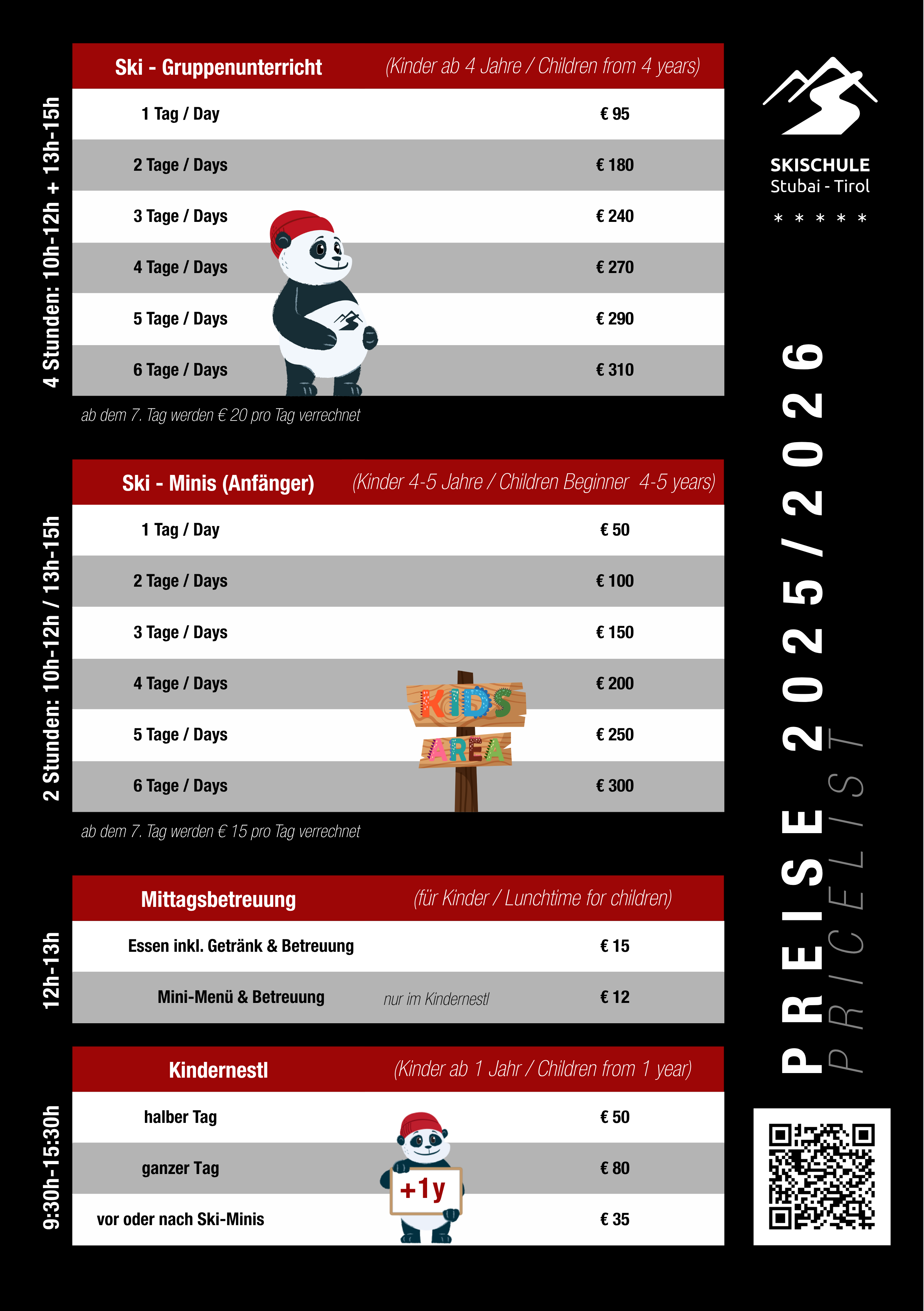 Preisliste Skischule Stubai Kinder